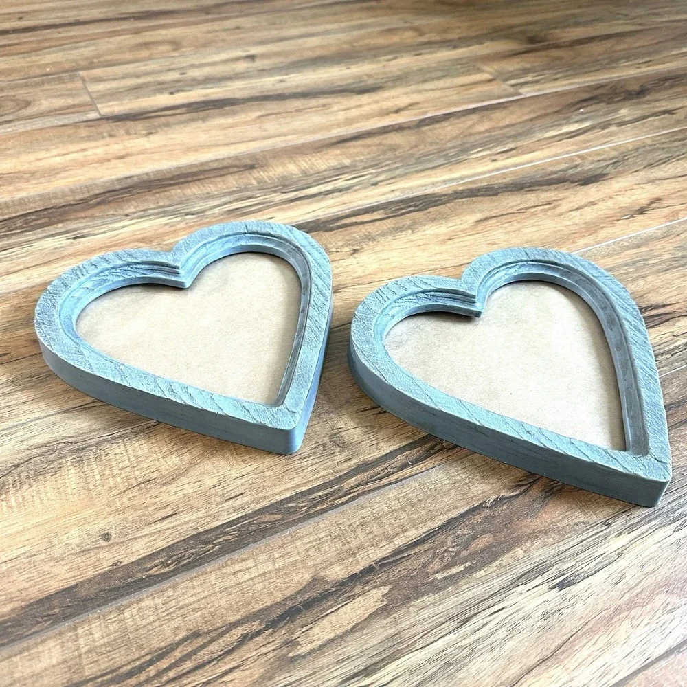 Set of 2 Heart Shaped Picture Frames 8x7.75 Blue Faux Wood Rustic Decor
